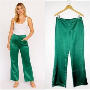 Jason WU Designer Emerald Green Satin Pants Straight Wide High Rise Size 6